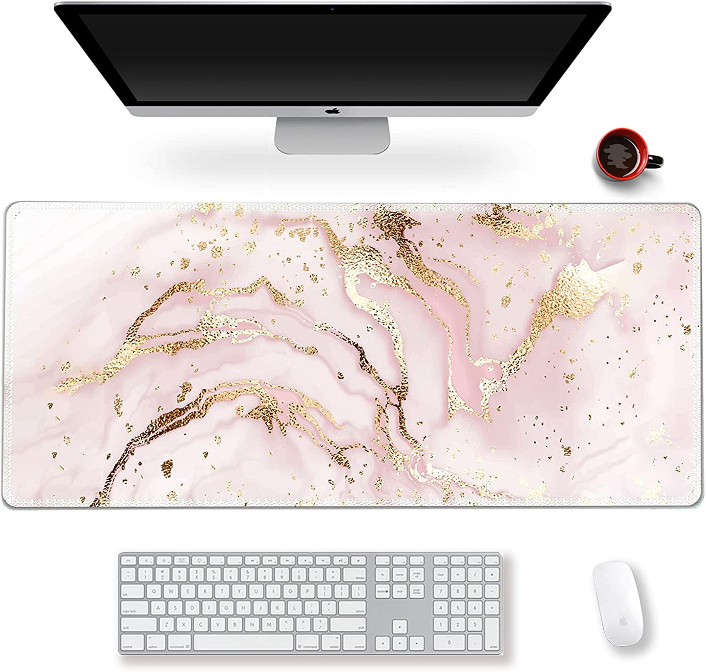 Extended Gaming Mouse Pad XXL Large Keyboard Mat Long Mousepad Desk Decor Writing Pad Non Slip Rubber Base Stitched Edges for Work, Game, Office, Home, 35.1" X 15.7" , Pink Marble